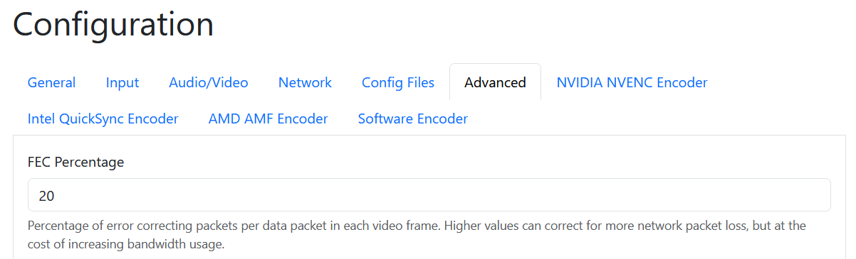Screenshot of Sunshine's FEC option with the default value of 20.